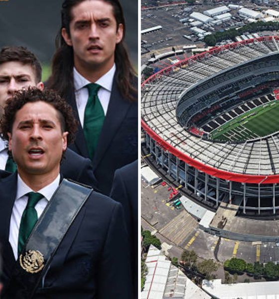Split image featuring the Estadio Azteca and the Mexico team.