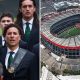 Split image featuring the Estadio Azteca and the Mexico team.