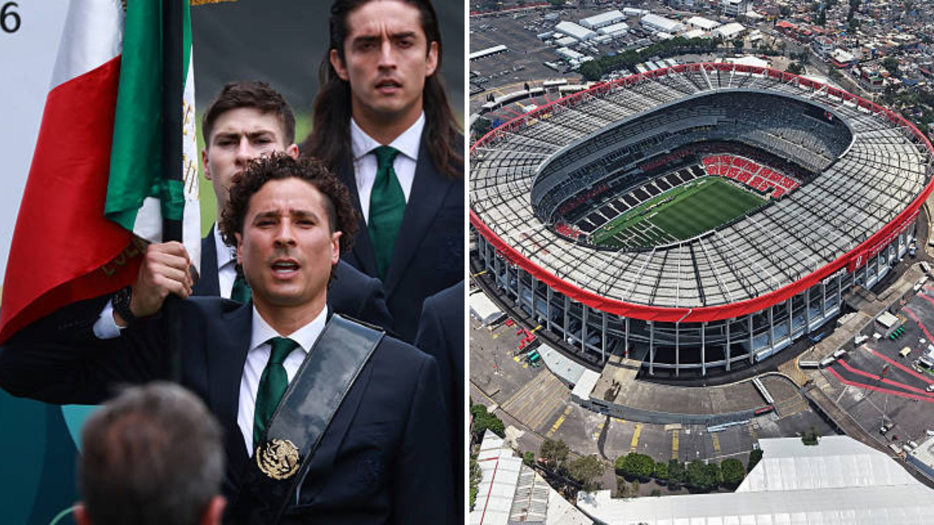 Split image featuring the Estadio Azteca and the Mexico team.