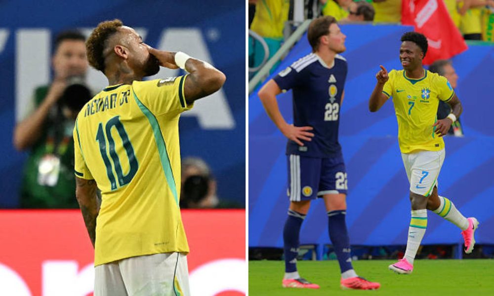 Split image featuring Neymar and the Brazil national team.