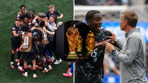 Split image featuring Canada's historic win and reactions.