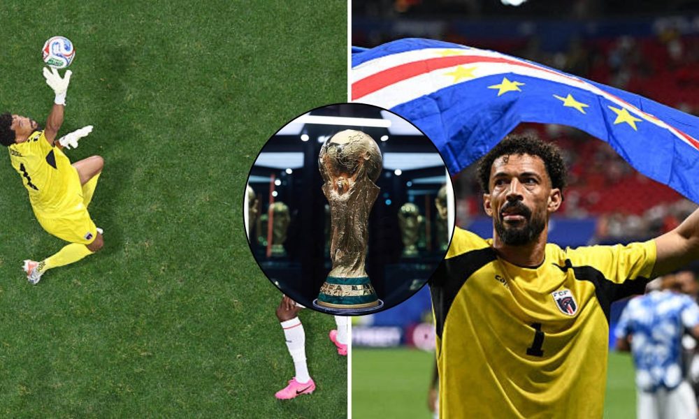 Split image featuring Cape Verde's goalkeeper Vozinha making a save and celebrating.