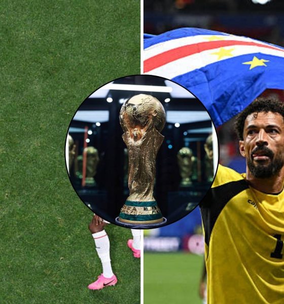Split image featuring Cape Verde's goalkeeper Vozinha making a save and celebrating.