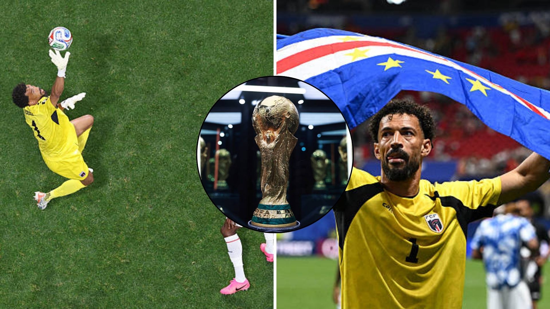 Split image featuring Cape Verde's goalkeeper Vozinha making a save and celebrating.