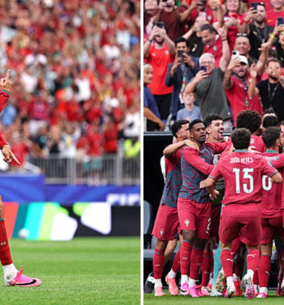 Split image featuring Cristiano Ronaldo and the Portugal team.