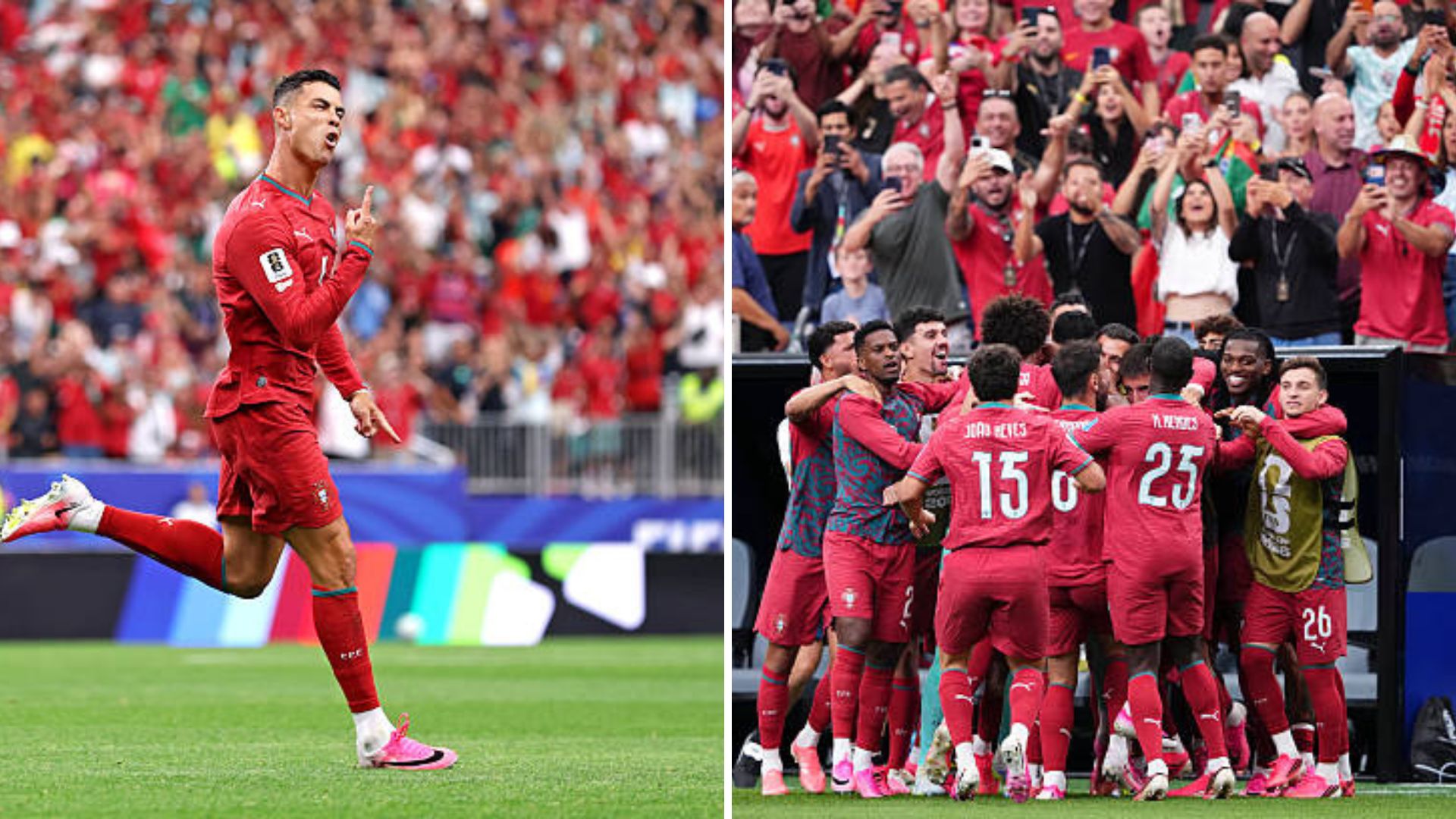 Split image featuring Cristiano Ronaldo and the Portugal team.