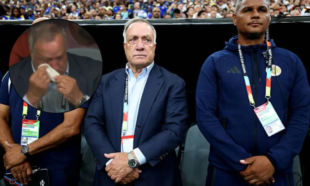 Dick Advocaat wipes away tears before Curacao vs Germany World Cup match