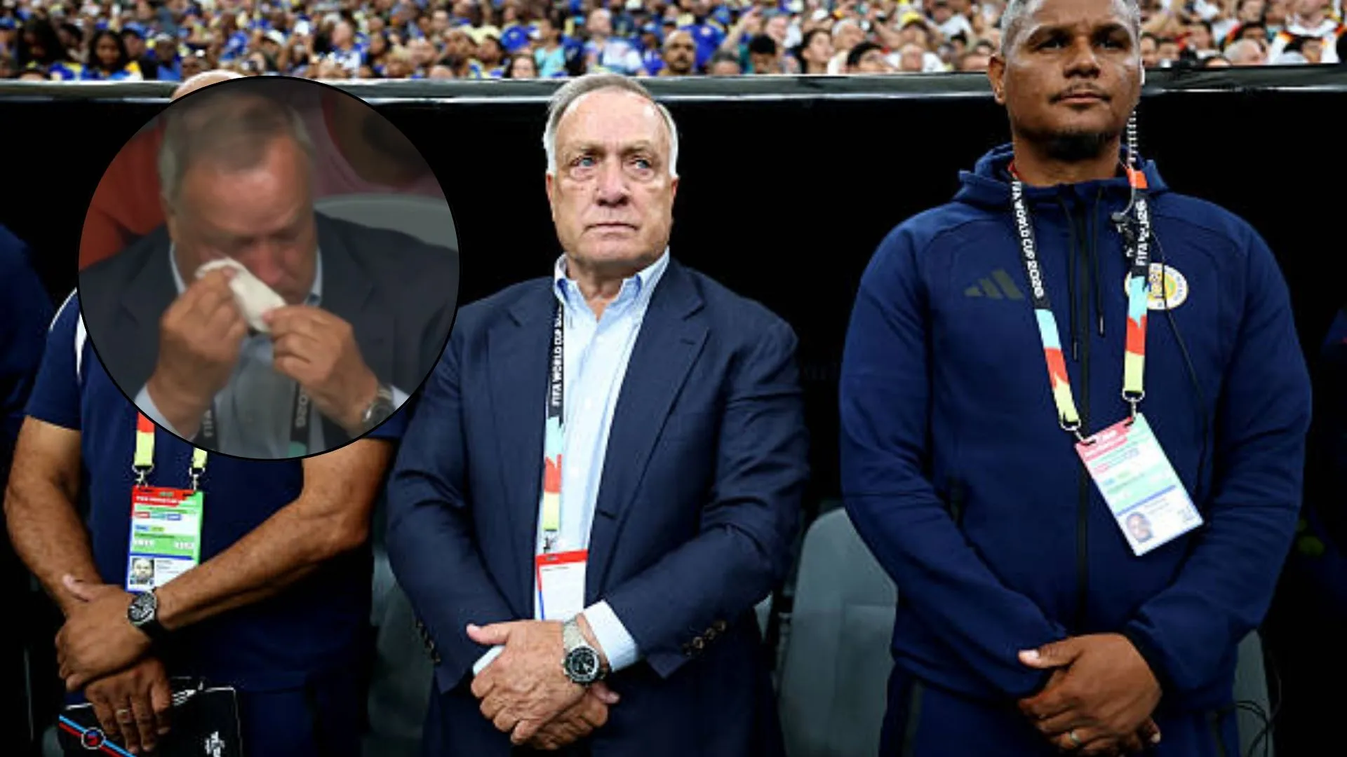 Dick Advocaat wipes away tears before Curacao vs Germany World Cup match