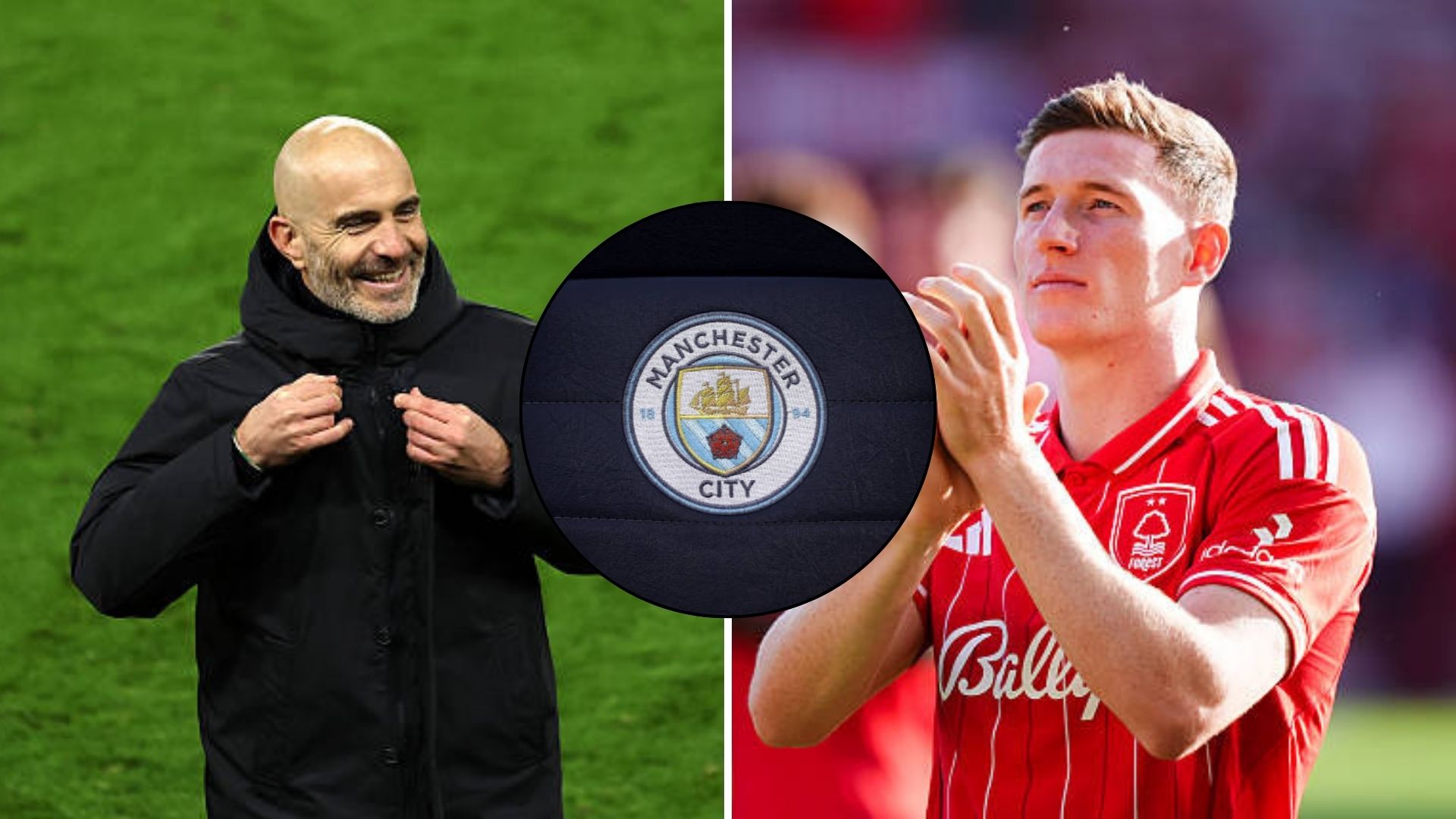 Split image featuring Enzo Maresca, Elliot Anderson and Manchester City logo.