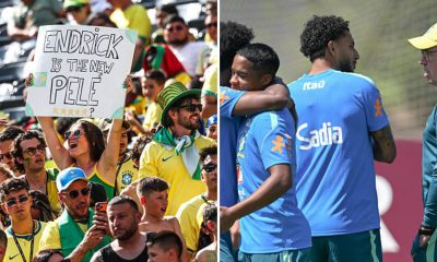 Split image featuring Endrick with Carlo Ancelotti and Brazilian fans.