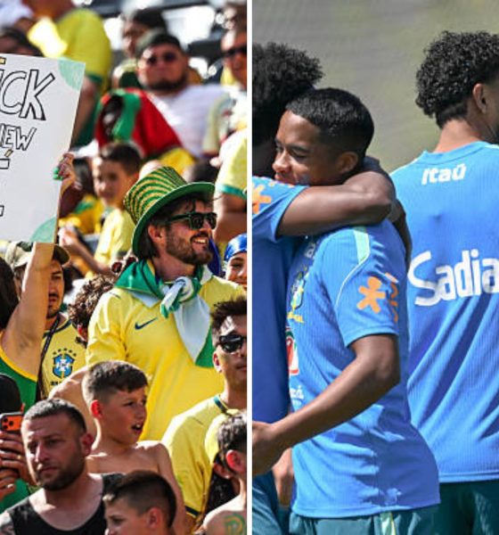 Split image featuring Endrick with Carlo Ancelotti and Brazilian fans.