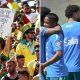 Split image featuring Endrick with Carlo Ancelotti and Brazilian fans.
