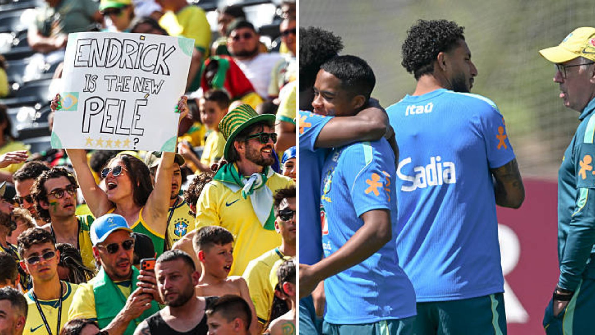 Split image featuring Endrick with Carlo Ancelotti and Brazilian fans.