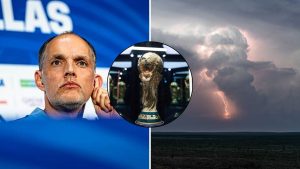 Split image featuring Thomas Tuchel, the World Cup trophy and thunder.