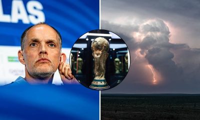 Split image featuring Thomas Tuchel, the World Cup trophy and thunder.