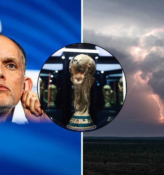 Split image featuring Thomas Tuchel, the World Cup trophy and thunder.