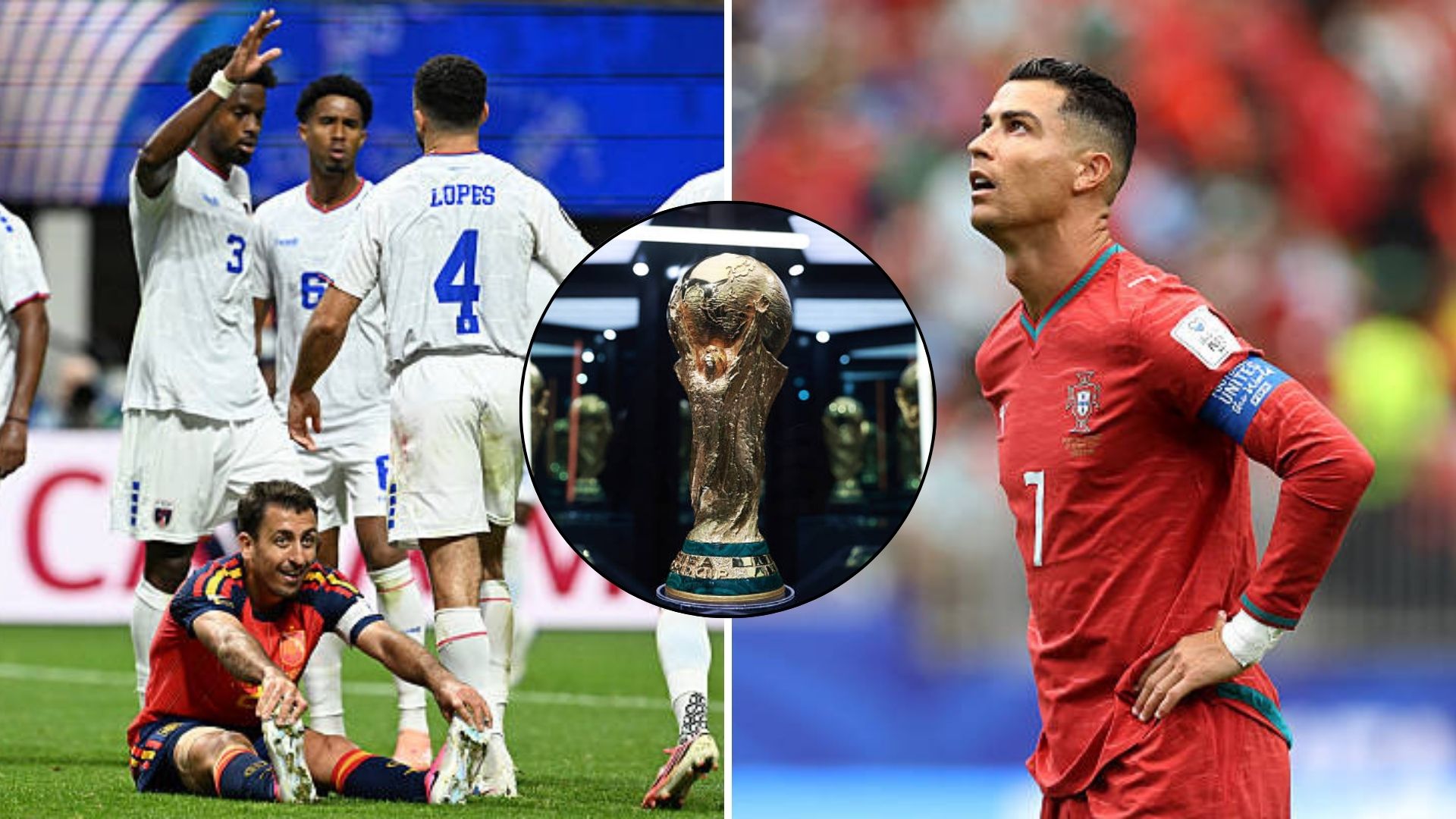 Split image featuring Cape Verde celebrate v Spain and Cristiano Ronaldo disappointed.