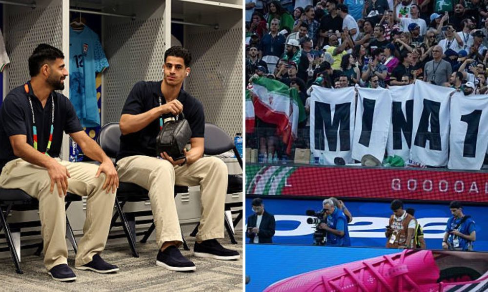 Split image featuring Iranian team in dressing room and the Minab poster.