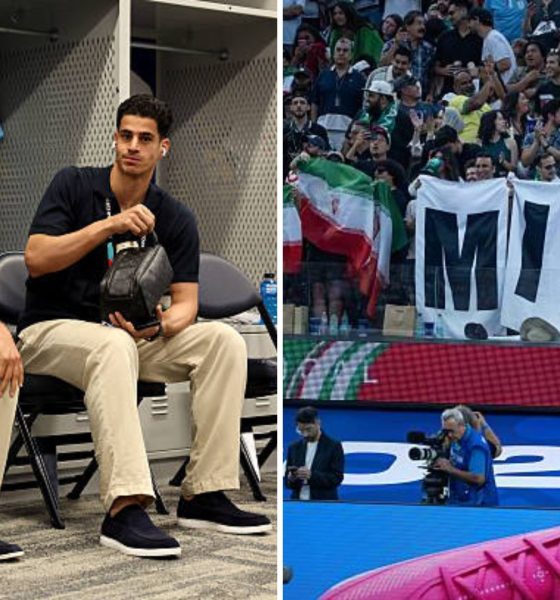 Split image featuring Iranian team in dressing room and the Minab poster.