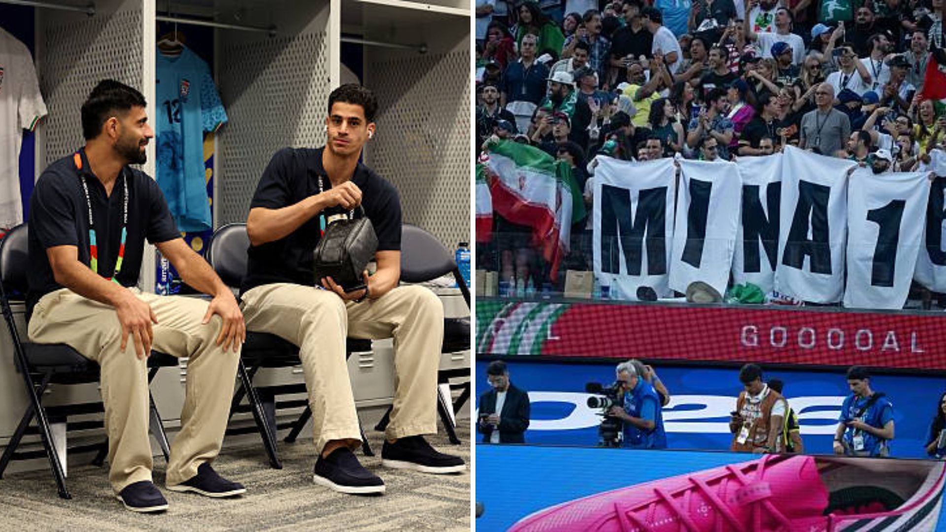 Split image featuring Iranian team in dressing room and the Minab poster.