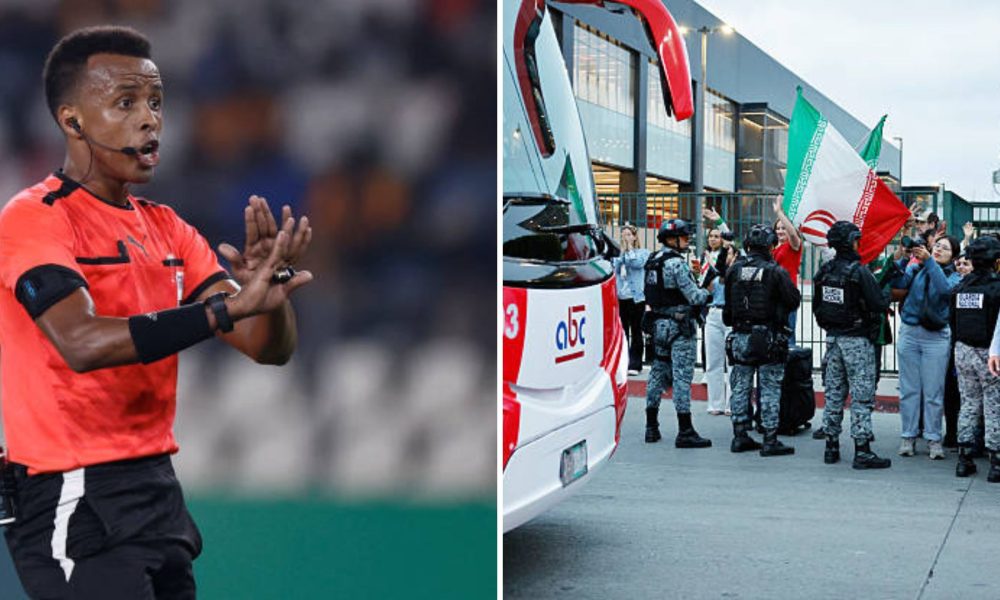 Split image featuring Somali referee Omar Artan and Iranian fans.