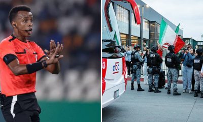 Split image featuring Somali referee Omar Artan and Iranian fans.