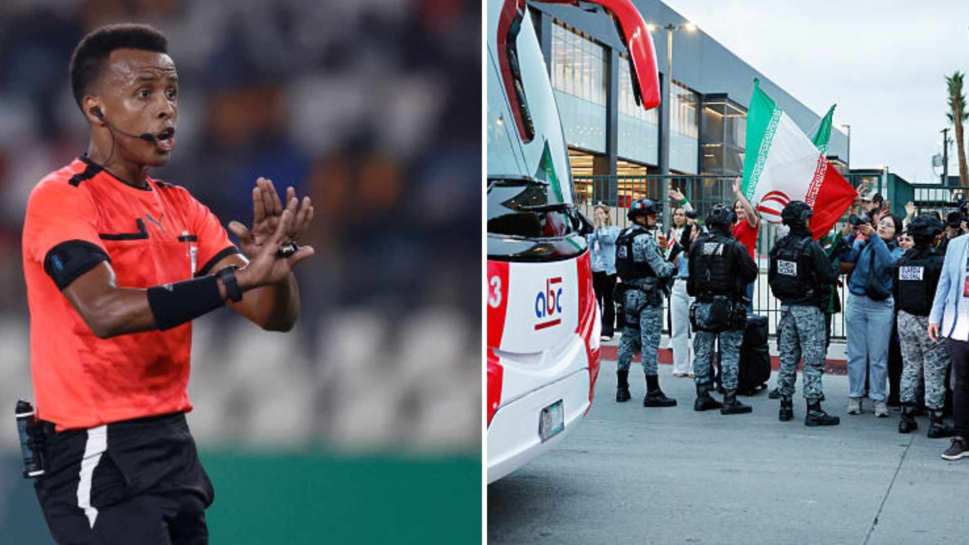 Split image featuring Somali referee Omar Artan and Iranian fans.