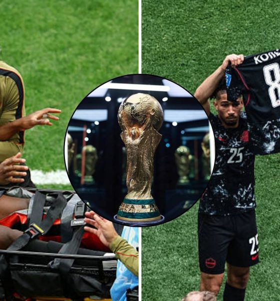 Split image featuring Ismael Kone on a stretcher and Nathan Saliba's celebration.