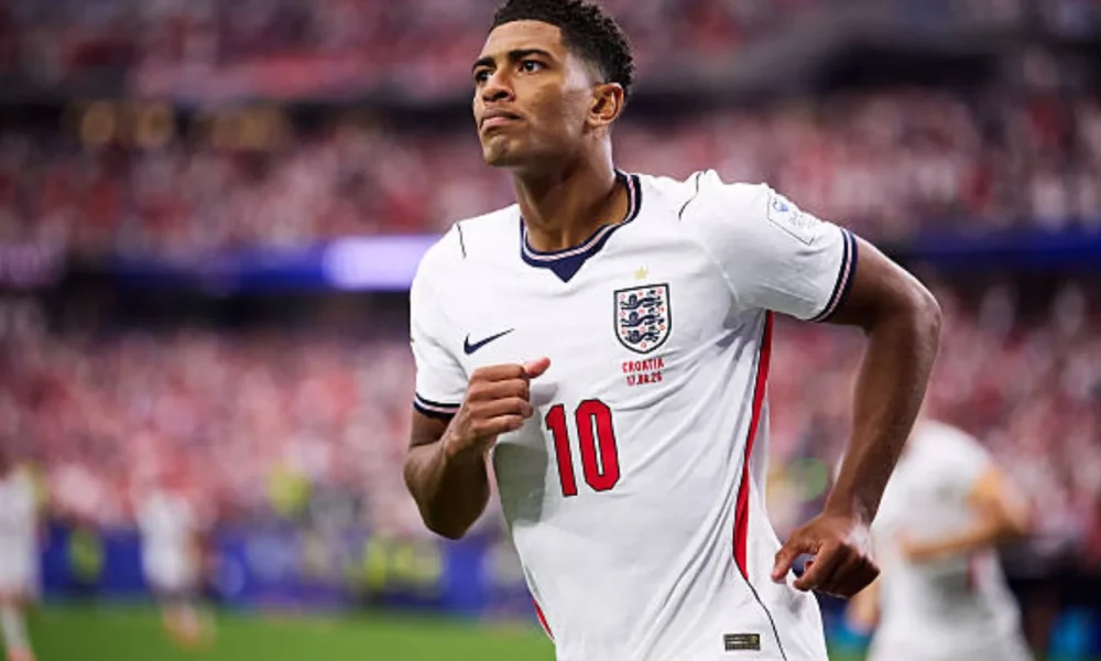 Jude Bellingham celebrating for England after scoring vs Croatia in World Cup 2026.