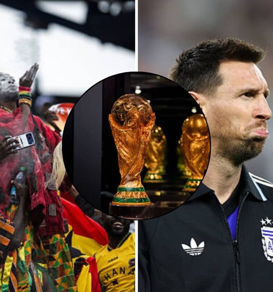 Split image featuring Ghanaian fans and Lionel Messi.
