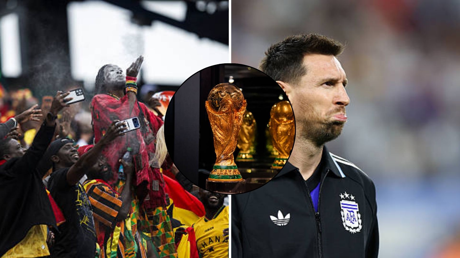 Split image featuring Ghanaian fans and Lionel Messi.
