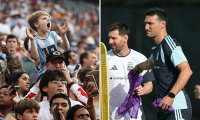 Split image featuring Argentinian fans and Lionel Messi with Lionel Scaloni.