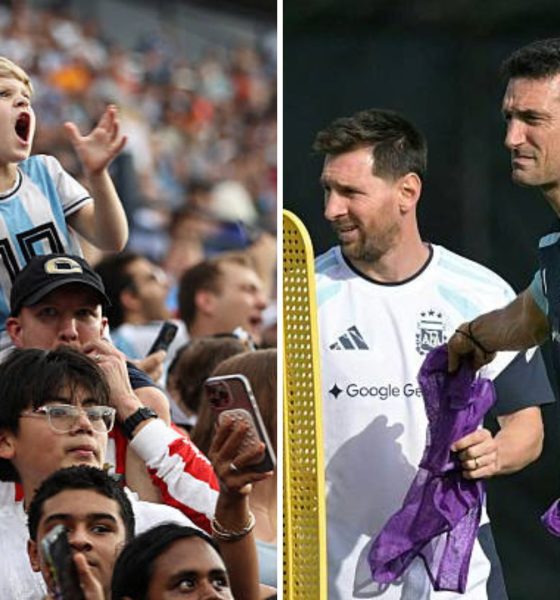 Split image featuring Argentinian fans and Lionel Messi with Lionel Scaloni.
