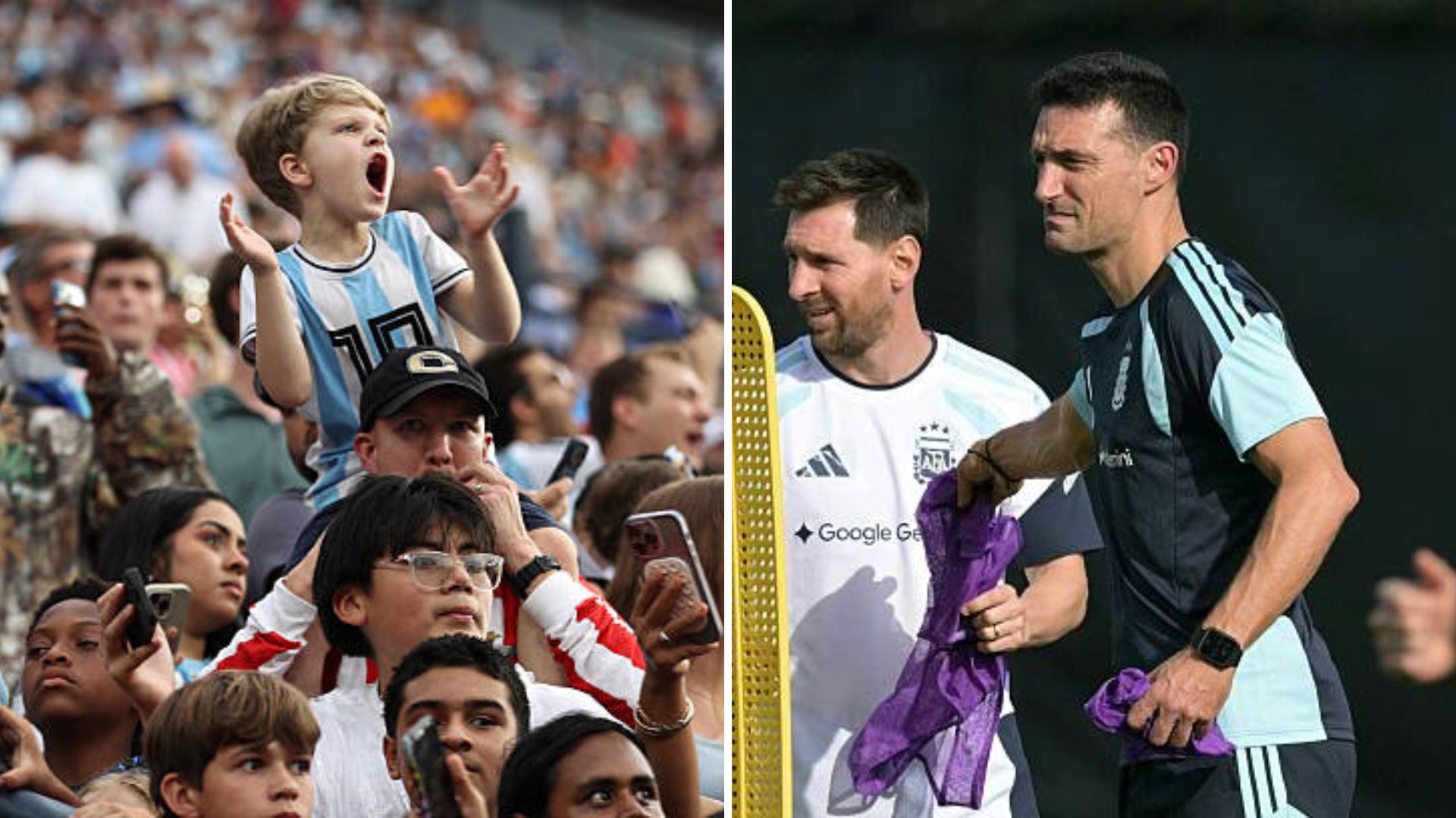 Split image featuring Argentinian fans and Lionel Messi with Lionel Scaloni.