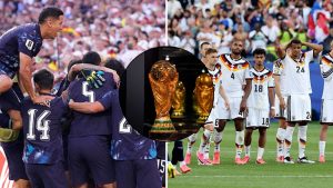 Split image featuring Paraguay and Germany players in contrasting emotions.