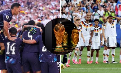 Split image featuring Paraguay and Germany players in contrasting emotions.