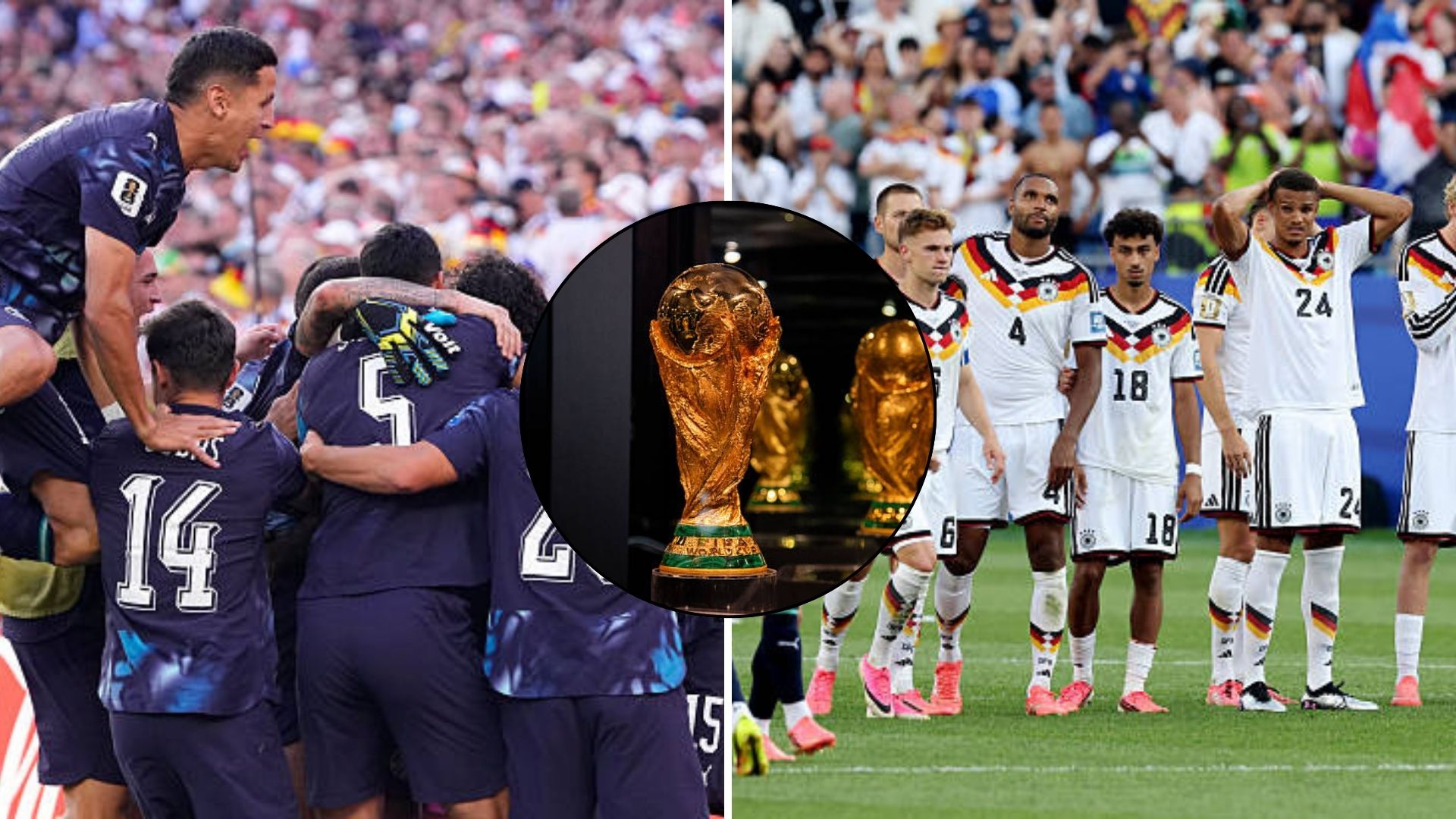 Split image featuring Paraguay and Germany players in contrasting emotions.