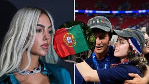 Split image featuring Georgina Rodriguez, the Portugal flag and Joao Neves with Madalena Aragao.
