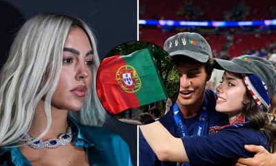 Split image featuring Georgina Rodriguez, the Portugal flag and Joao Neves with Madalena Aragao.