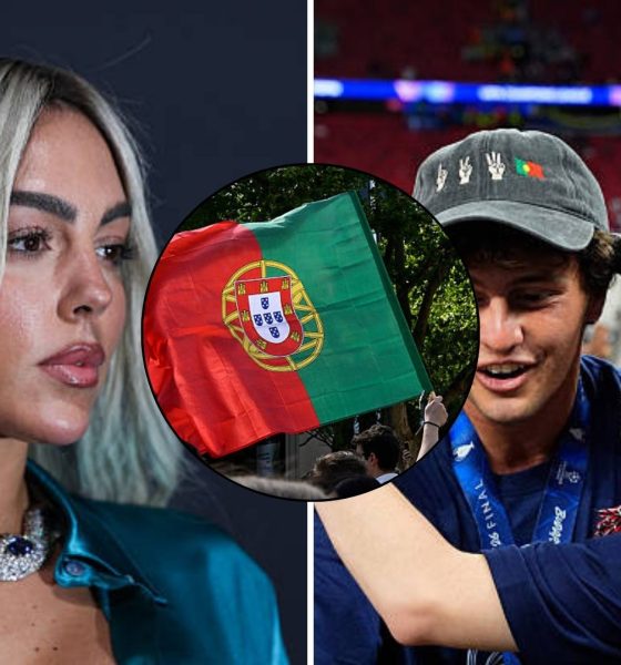 Split image featuring Georgina Rodriguez, the Portugal flag and Joao Neves with Madalena Aragao.
