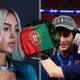Split image featuring Georgina Rodriguez, the Portugal flag and Joao Neves with Madalena Aragao.