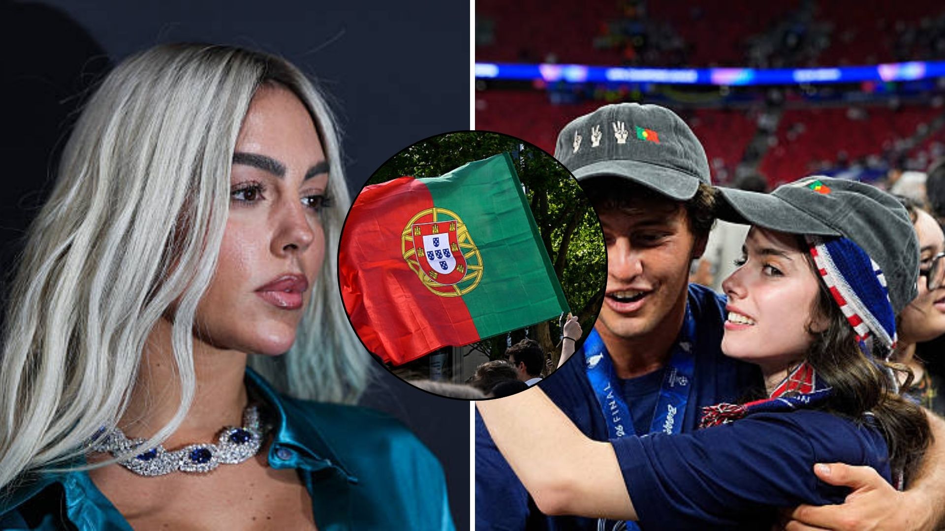 Split image featuring Georgina Rodriguez, the Portugal flag and Joao Neves with Madalena Aragao.