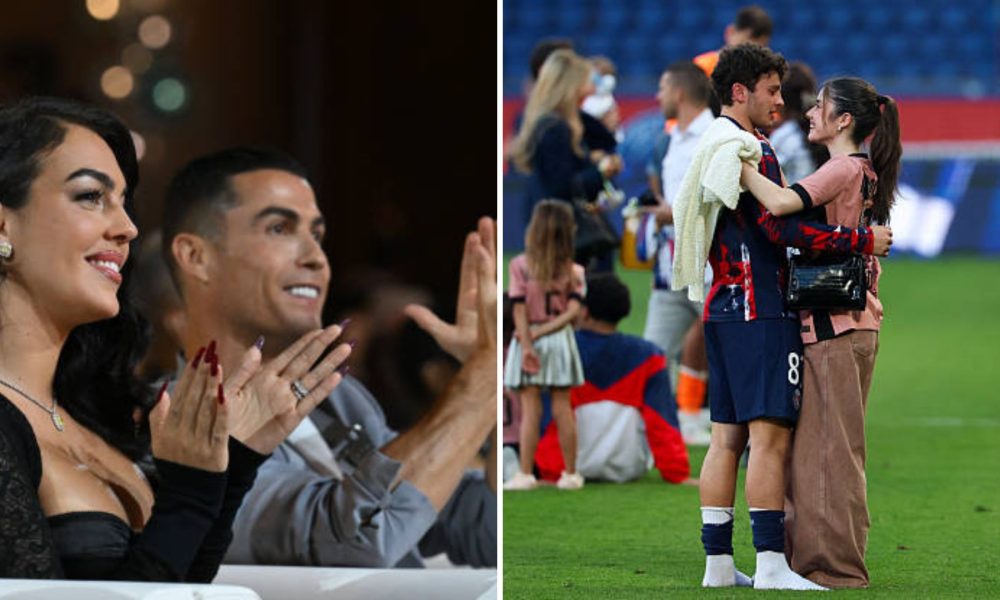 Split image featuring Cristiano Ronaldo with Georgina Rodriguez and Joao Neves with Madalena Aragao.