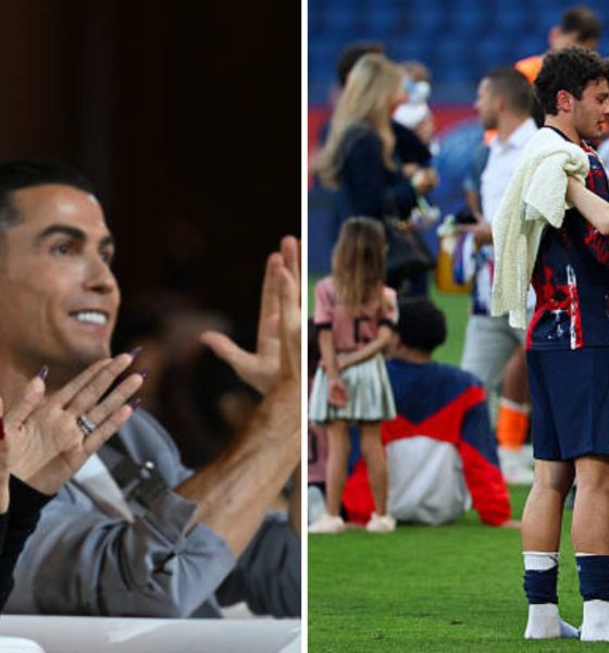 Split image featuring Cristiano Ronaldo with Georgina Rodriguez and Joao Neves with Madalena Aragao.