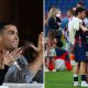 Split image featuring Cristiano Ronaldo with Georgina Rodriguez and Joao Neves with Madalena Aragao.