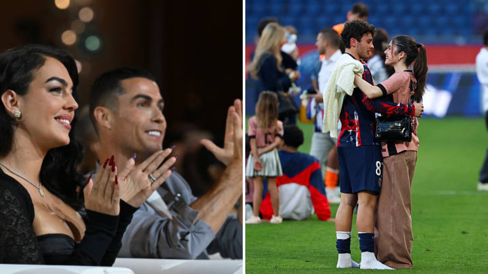 Split image featuring Cristiano Ronaldo with Georgina Rodriguez and Joao Neves with Madalena Aragao.