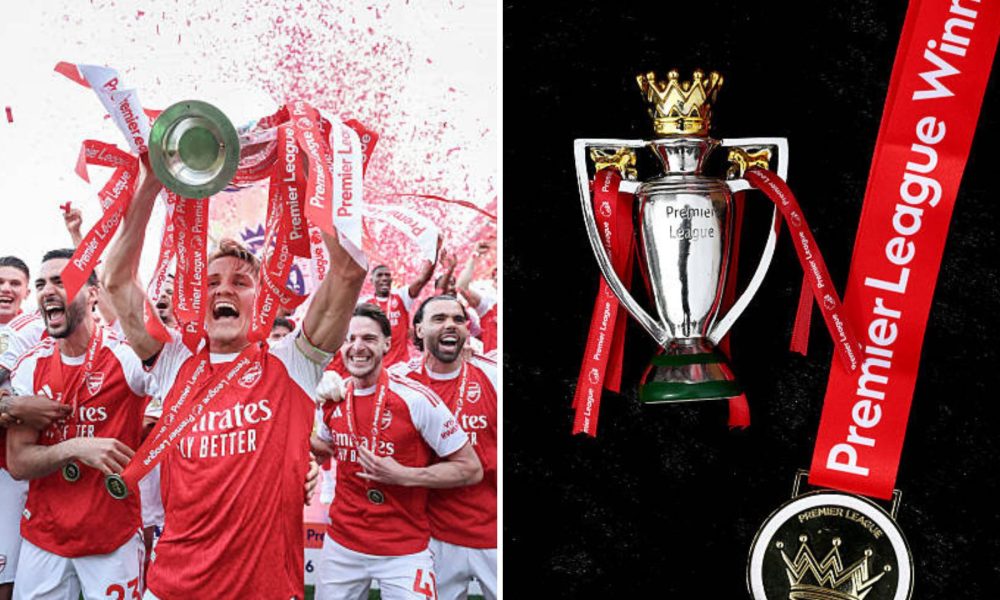Split image featuring Arsenal's celebrations after winning the Premier League trophy and some Premier League champions memorabilia.