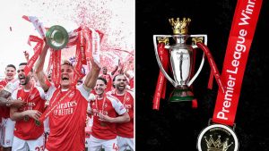 Split image featuring Arsenal's celebrations after winning the Premier League trophy and some Premier League champions memorabilia.
