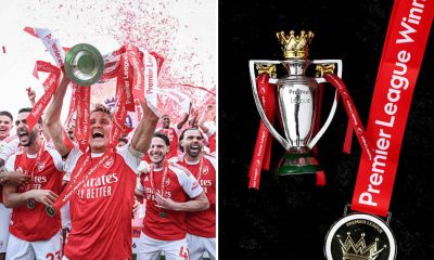 Split image featuring Arsenal's celebrations after winning the Premier League trophy and some Premier League champions memorabilia.