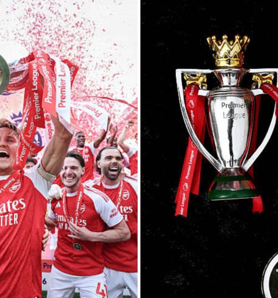 Split image featuring Arsenal's celebrations after winning the Premier League trophy and some Premier League champions memorabilia.